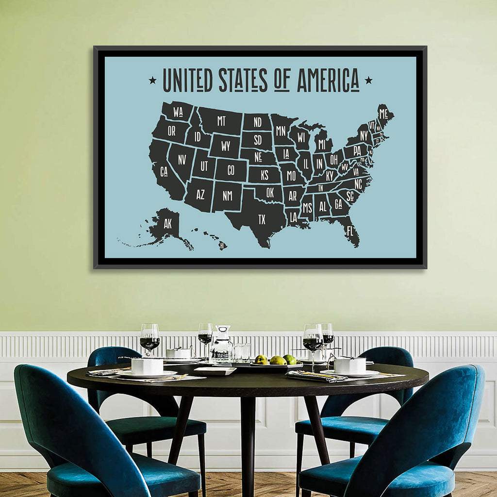 Minimalist USA Map with State Abbreviations Wall Art