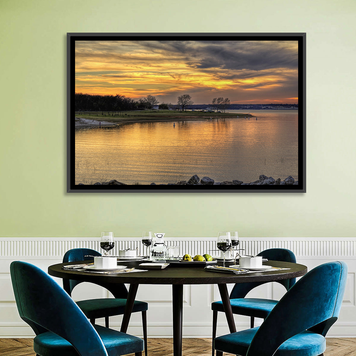 Lake Whitney Sunset Wall Art in a room, landscape