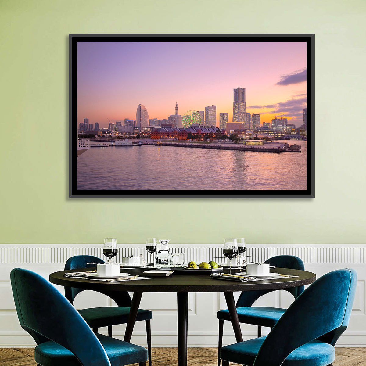 Yokohama Harbor Twilight Wall Art in a room, landscape