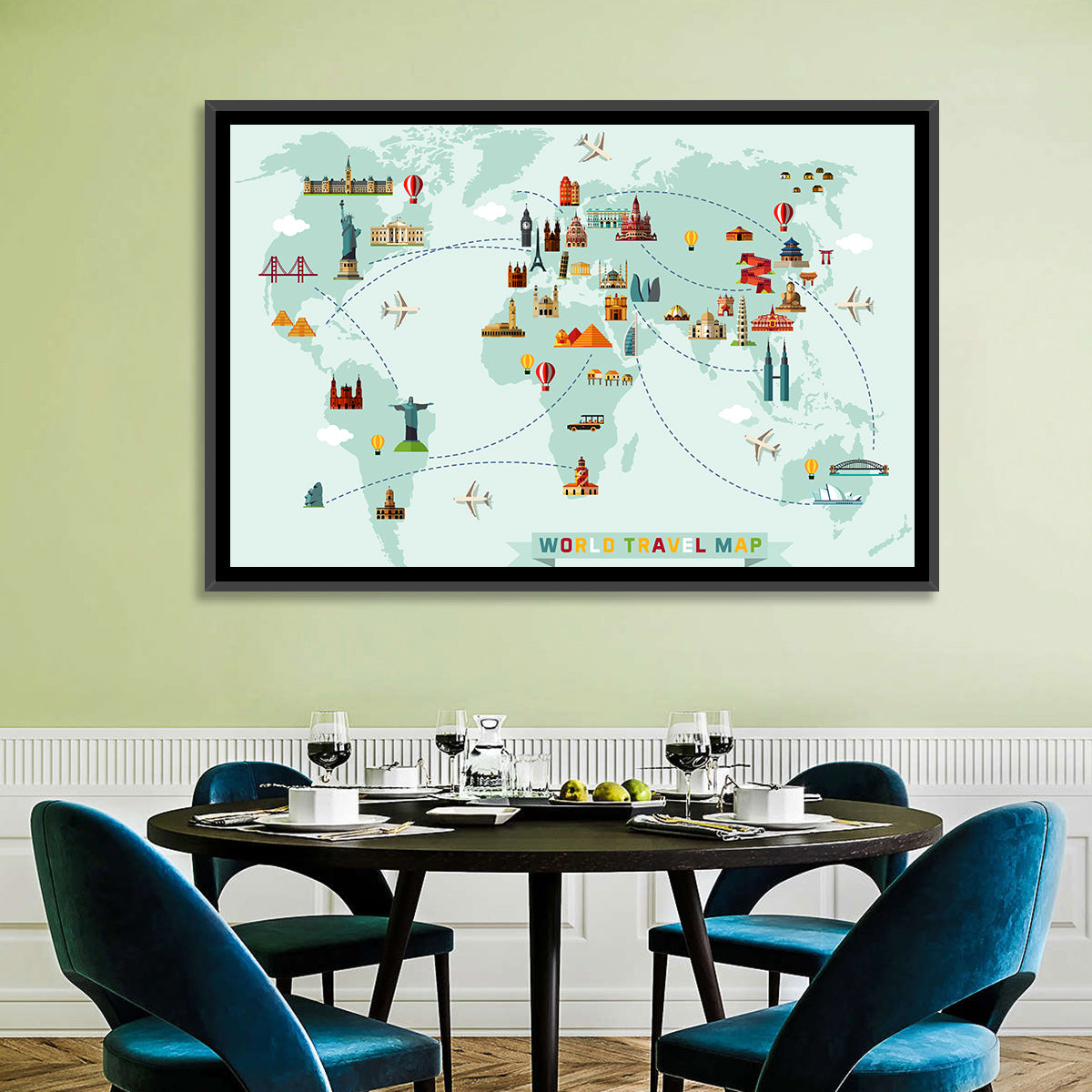 World Travel Map Illustration Wall Art in a room, landscape