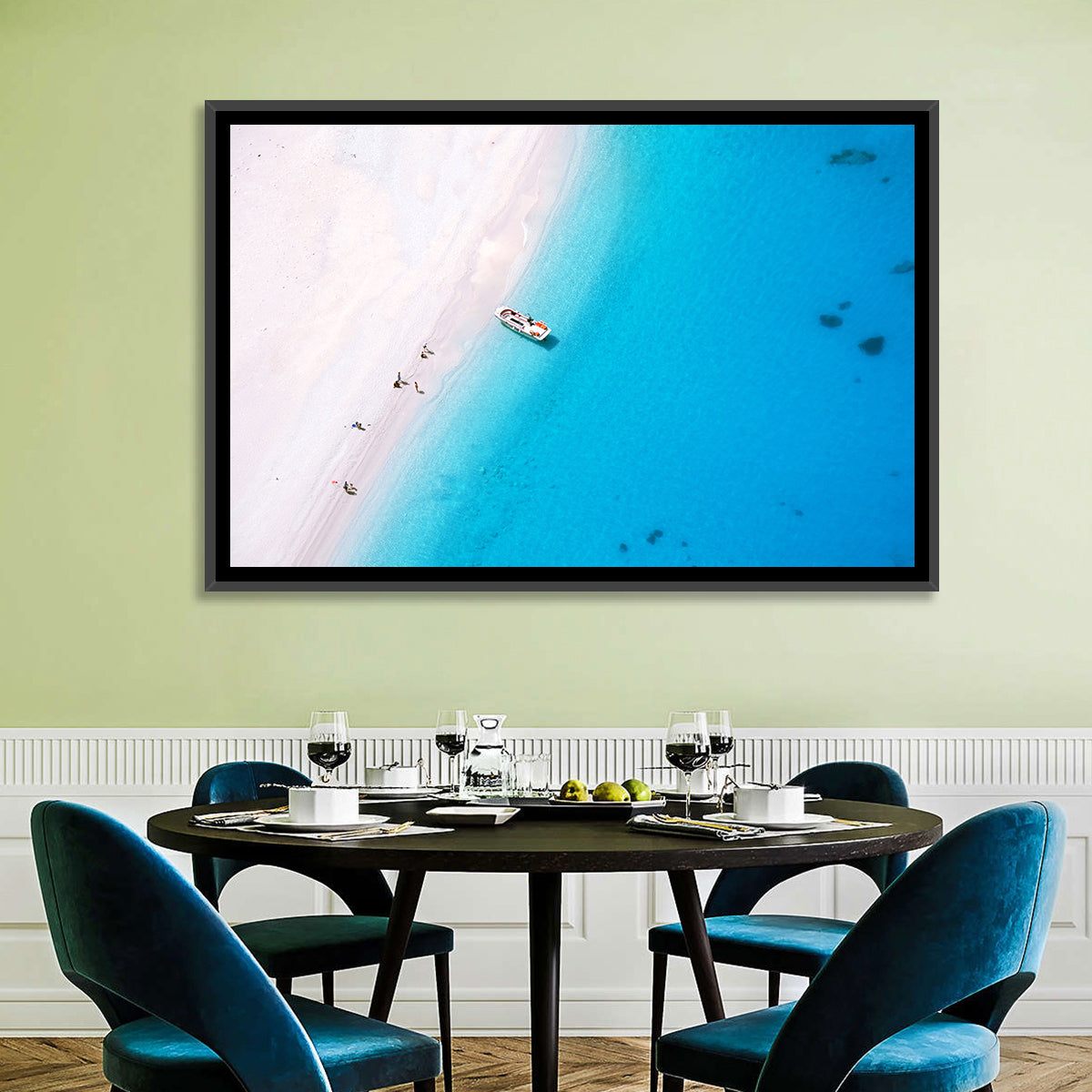 Aerial Beach Bay with White Boat Wall Art in a room, landscape