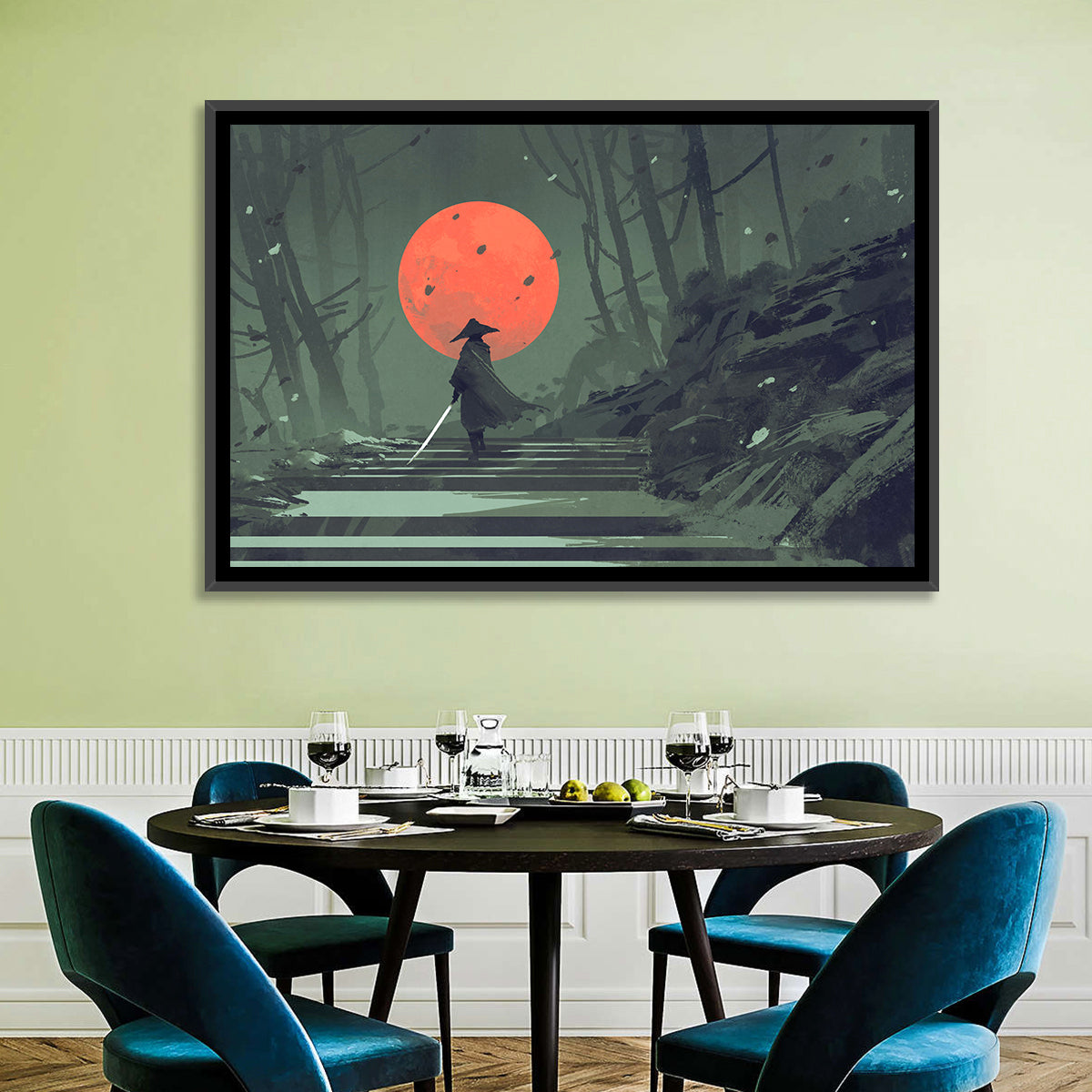 Samurai Under Red Moon Wall Art in a room, landscape