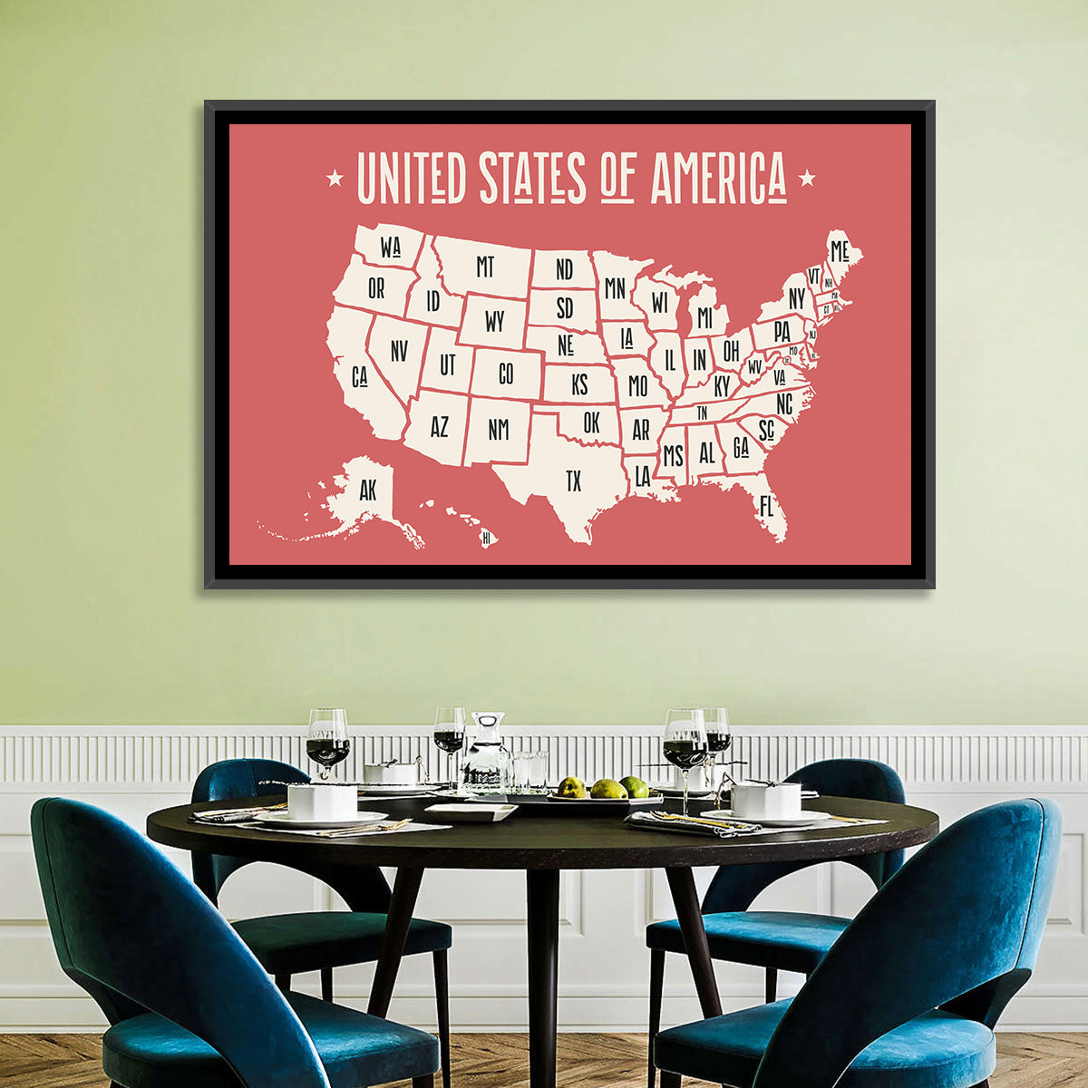 United States Map with State Abbreviations Wall Art in a room, landscape