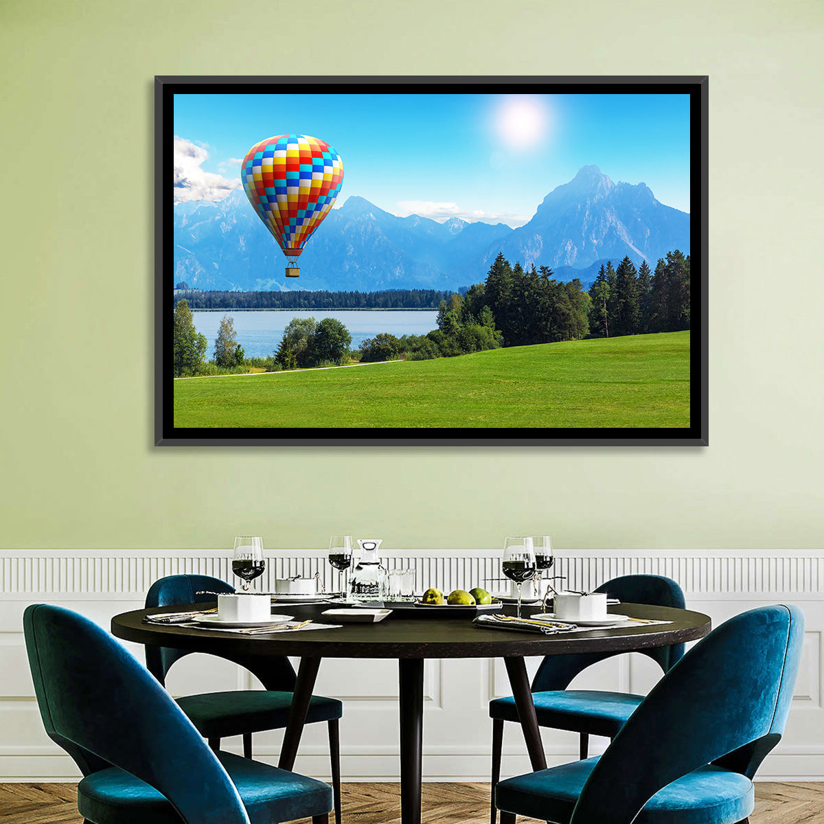 Bavarian Lake with Hot Air Balloon Wall Art in a room, landscape