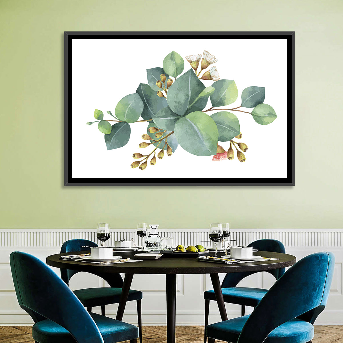Eucalyptus Leaves with Pink Blossom Wall Art in a room, landscape