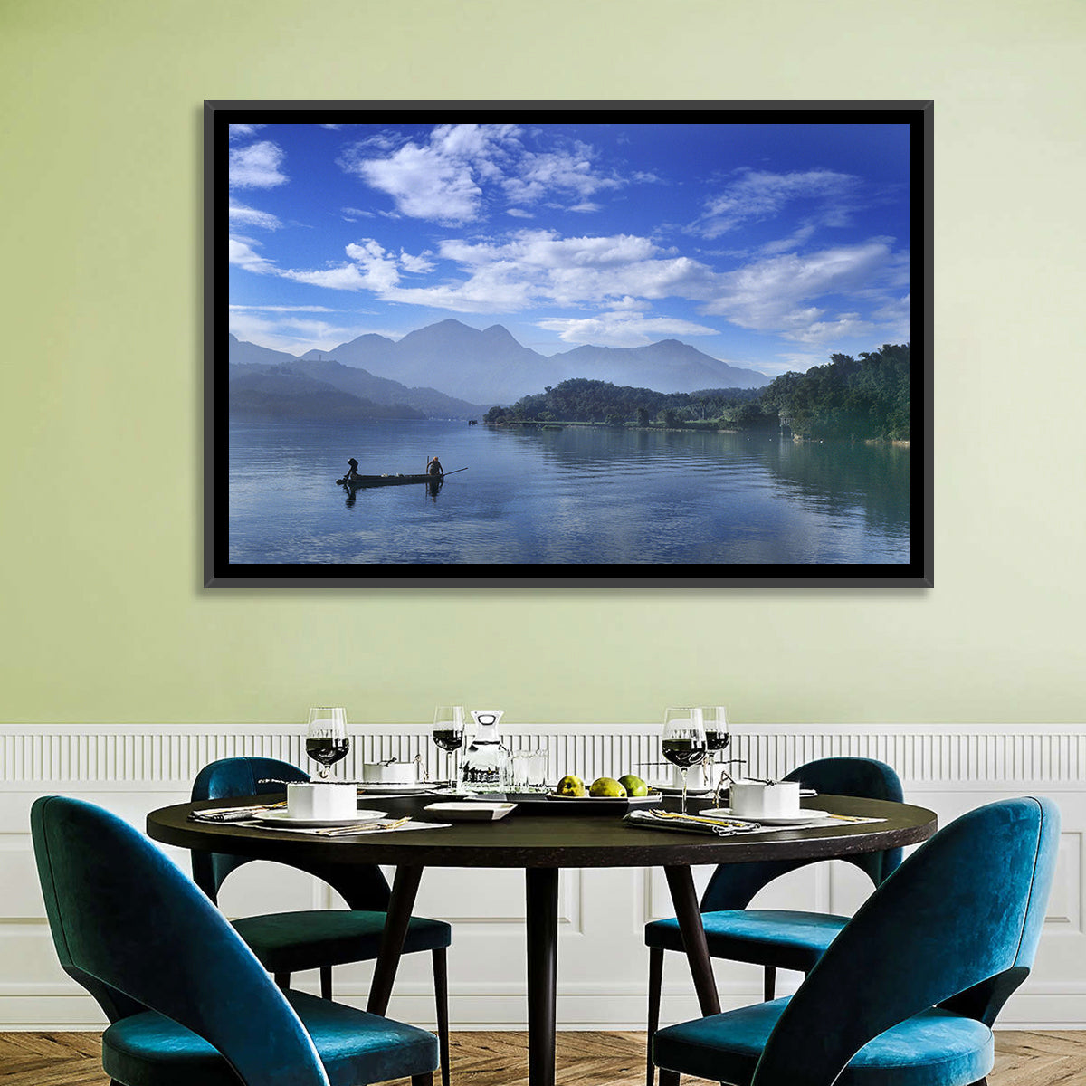 Sun Moon Lake Morning Mist Wall Art in a room, landscape