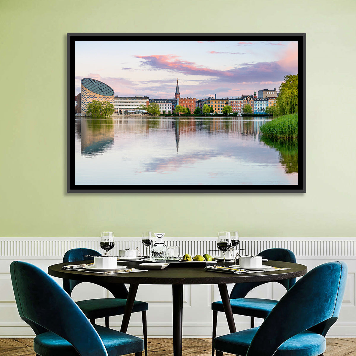 Copenhagen Lake at Sunset Wall Art in a room, landscape