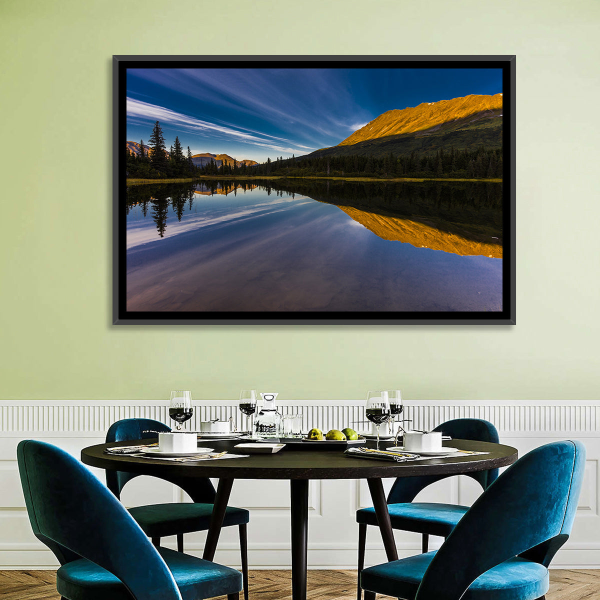 Rainbow Lake at Golden Hour Wall Art in a room, landscape