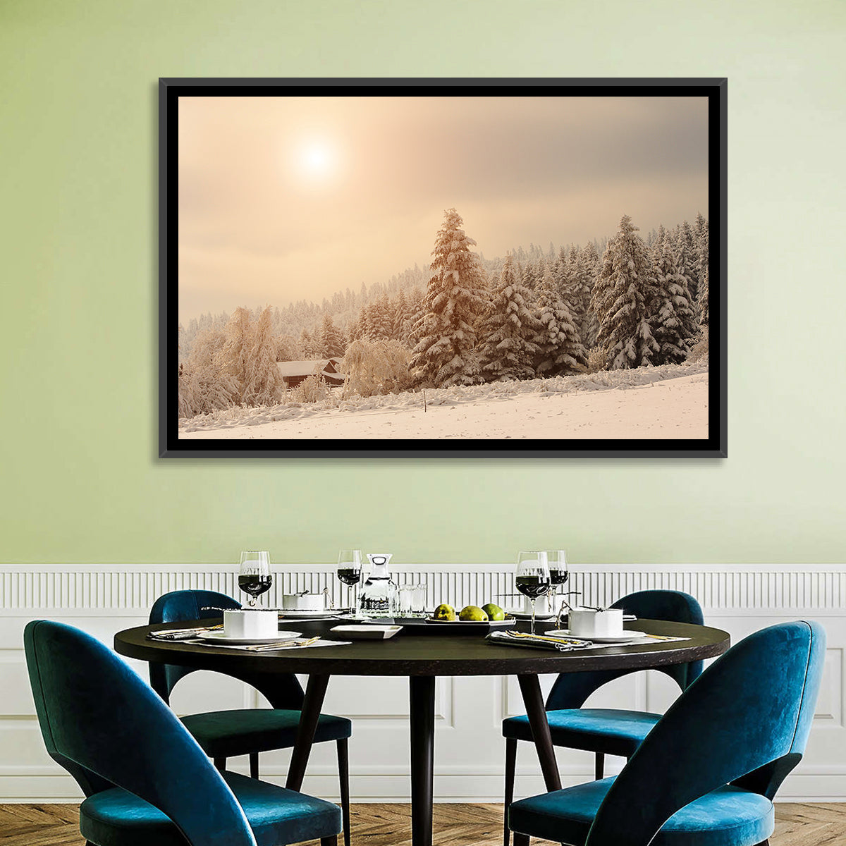 Snowy Pine Forest at Golden Hour Wall Art