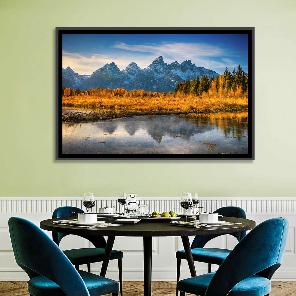 Grand Tetons Golden Reflection Wall Art in a room, landscape