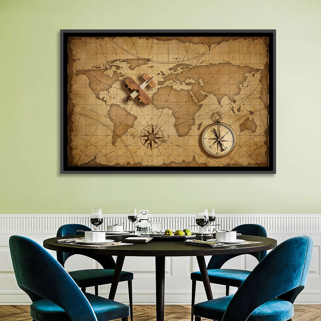 Retro Map with Biplane and Compass Wall Art