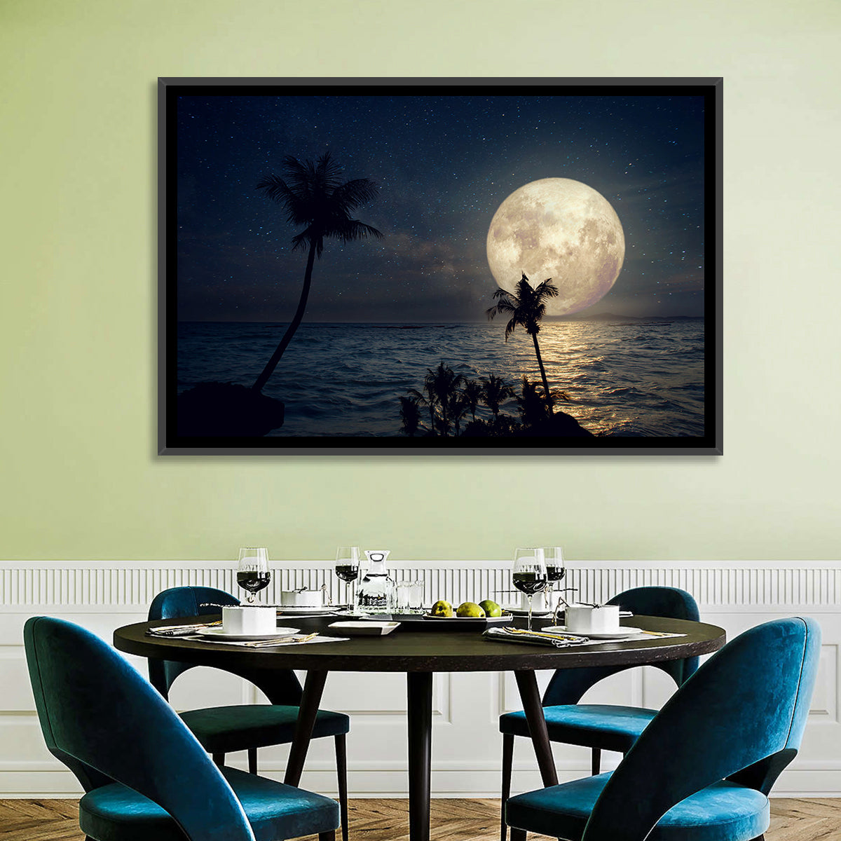 Supermoon Over Tropical Beach Wall Art in a room, landscape