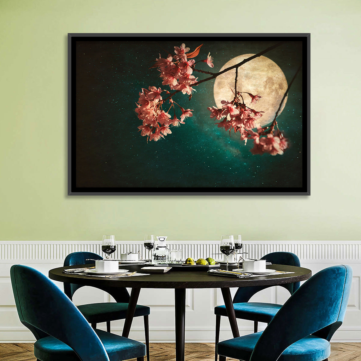 Moonlit Sakura Blossoms Wall Art in a room, landscape