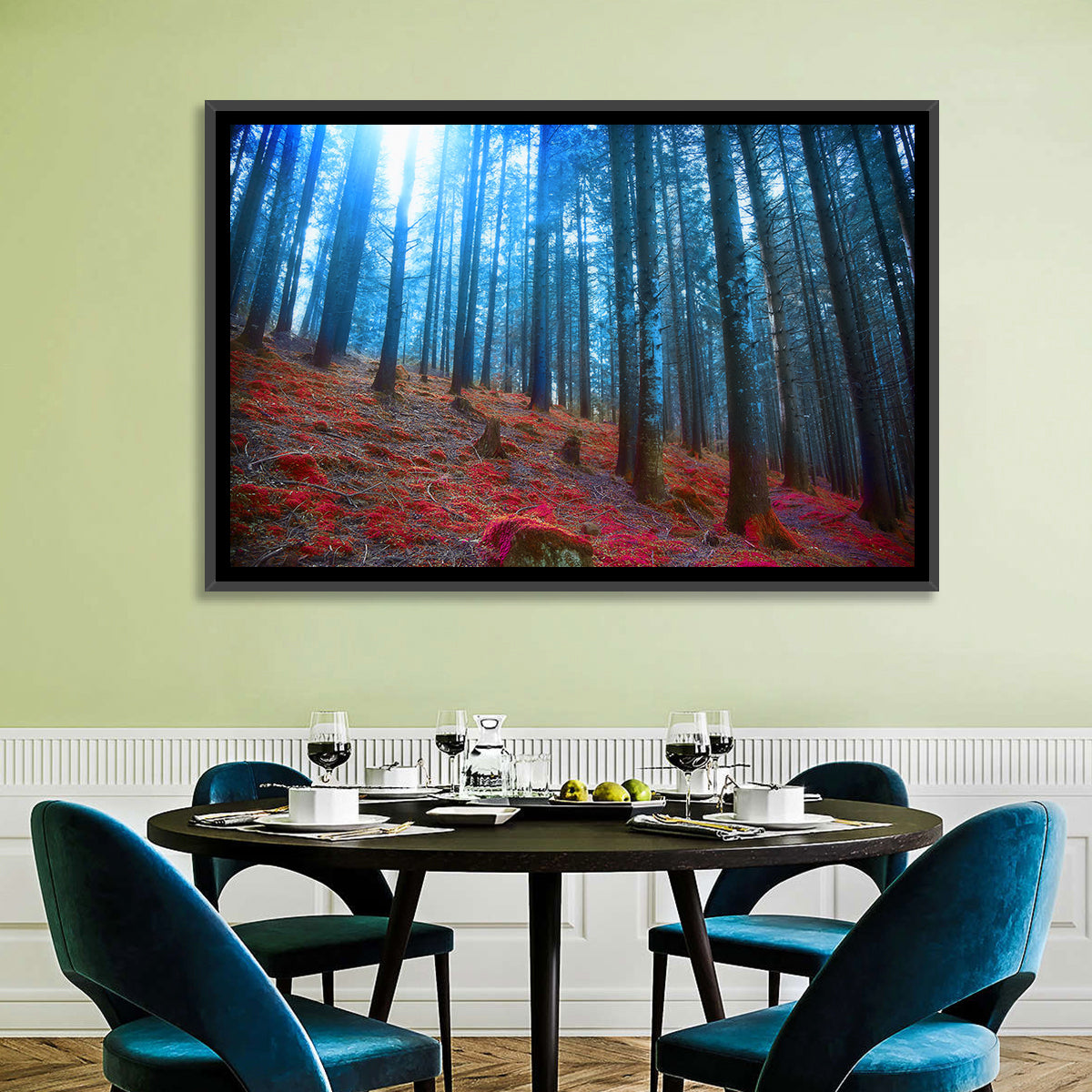 Enchanted Red Moss Forest Wall Art in a room, landscape