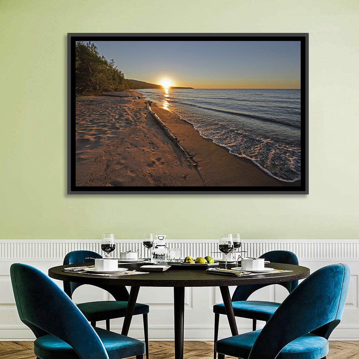 Lake Superior Driftwood Beach Sunset Wall Art in a room, landscape
