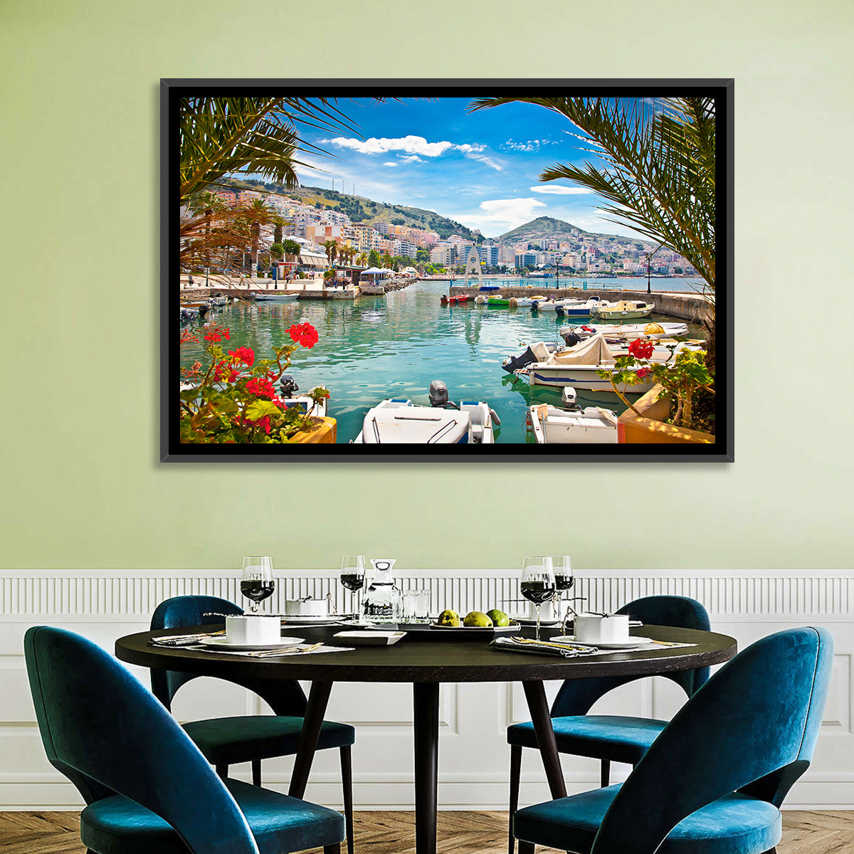 Saranda Harbor View Wall Art in a room, landscape