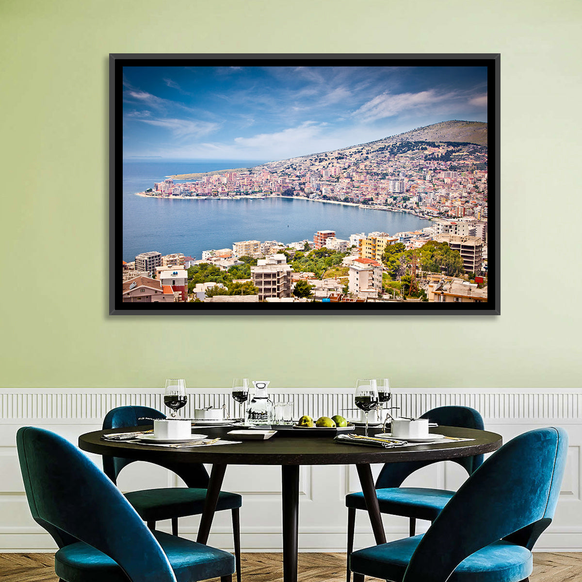 Saranda Bay Cityscape Wall Art in a room, landscape