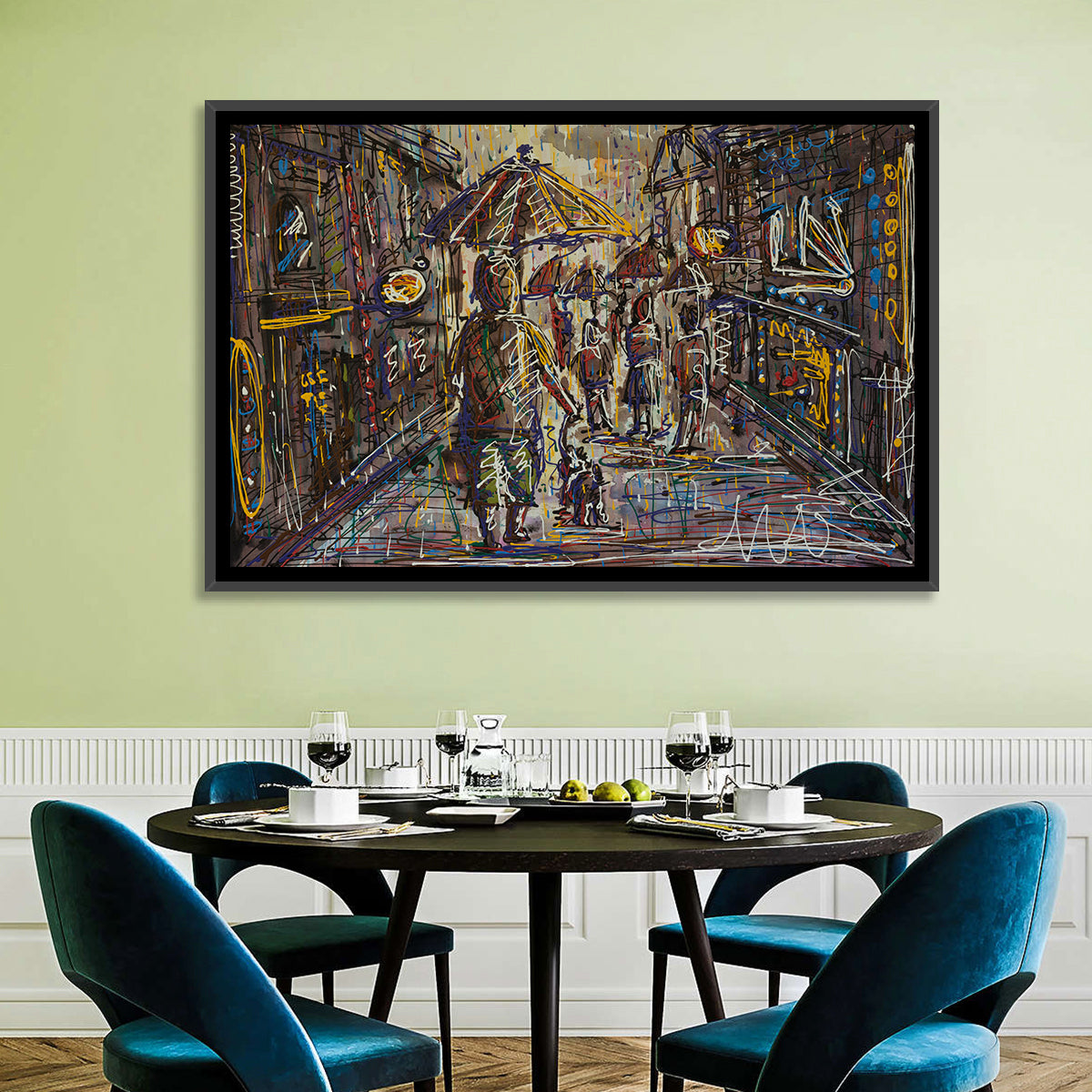Rainy City Street Wall Art in a room, landscape
