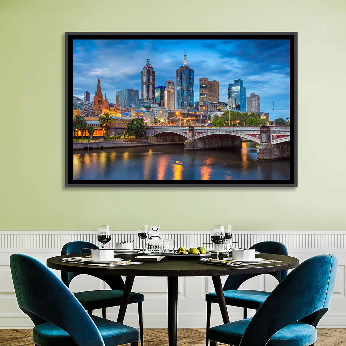 Melbourne Blue Hour Skyline Wall Art in a room, landscape