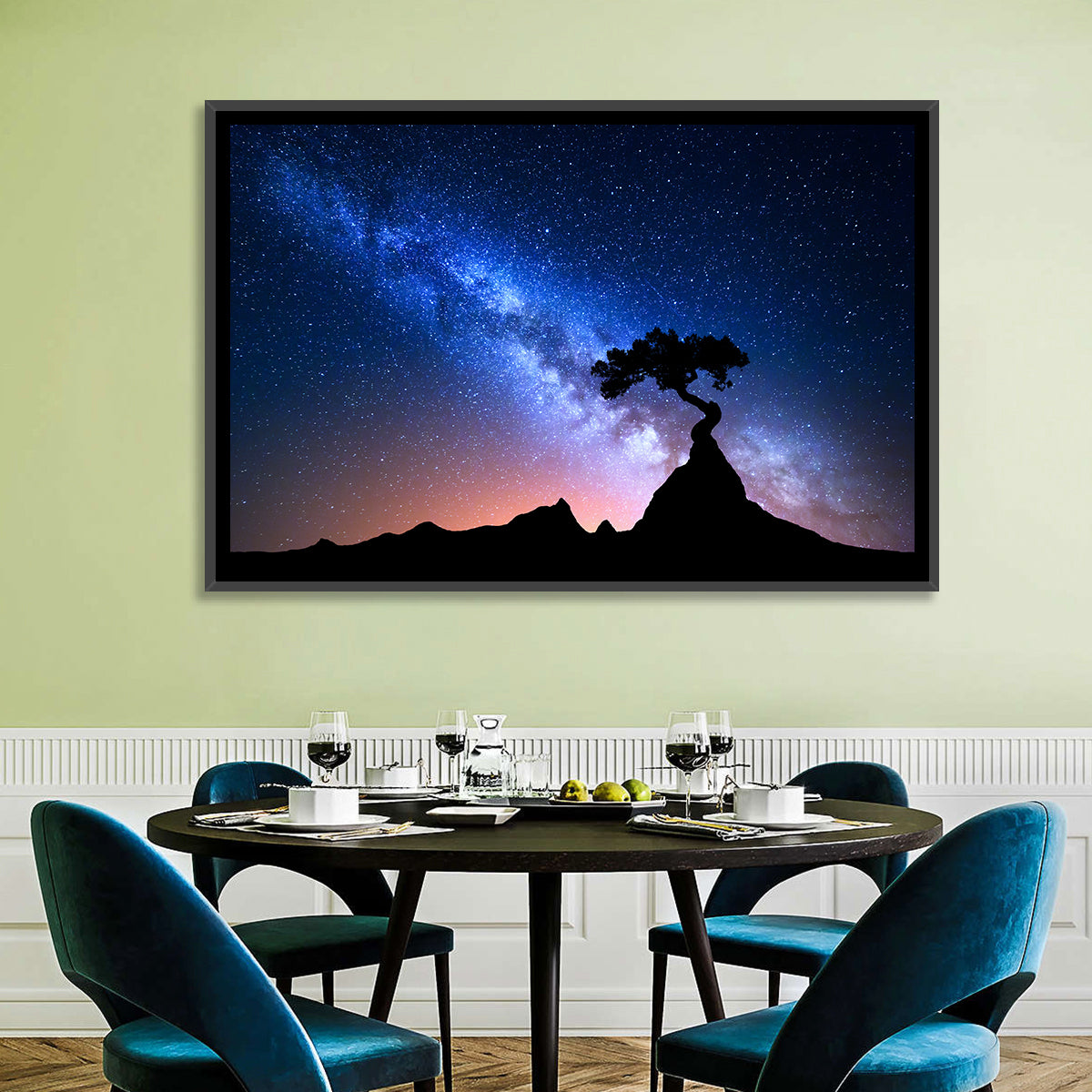 Milky Way Over Mountain Ridge Wall Art in a room, landscape