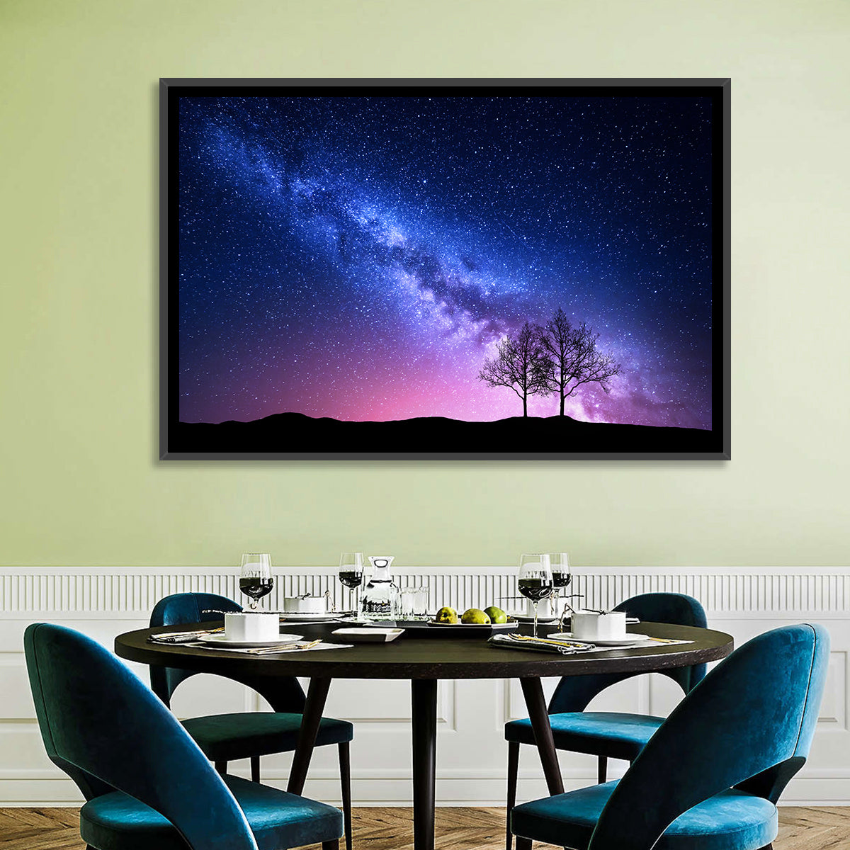 Milky Way Nebula Sky with Silhouetted Trees Wall Art in a room, landscape