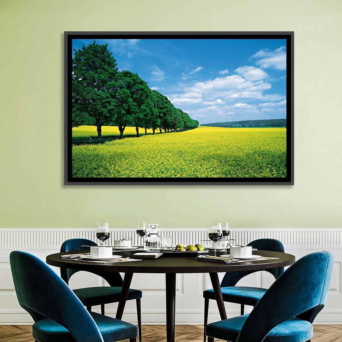 Spring Field of Yellow Flowers Wall Art in a room, landscape