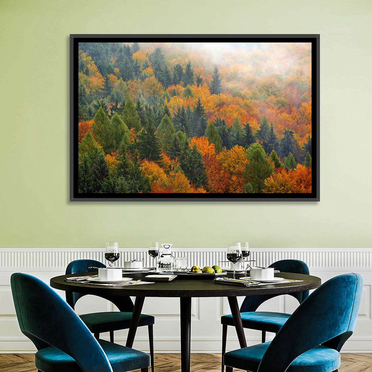 Misty Autumn Forestscape Wall Art in a room, landscape