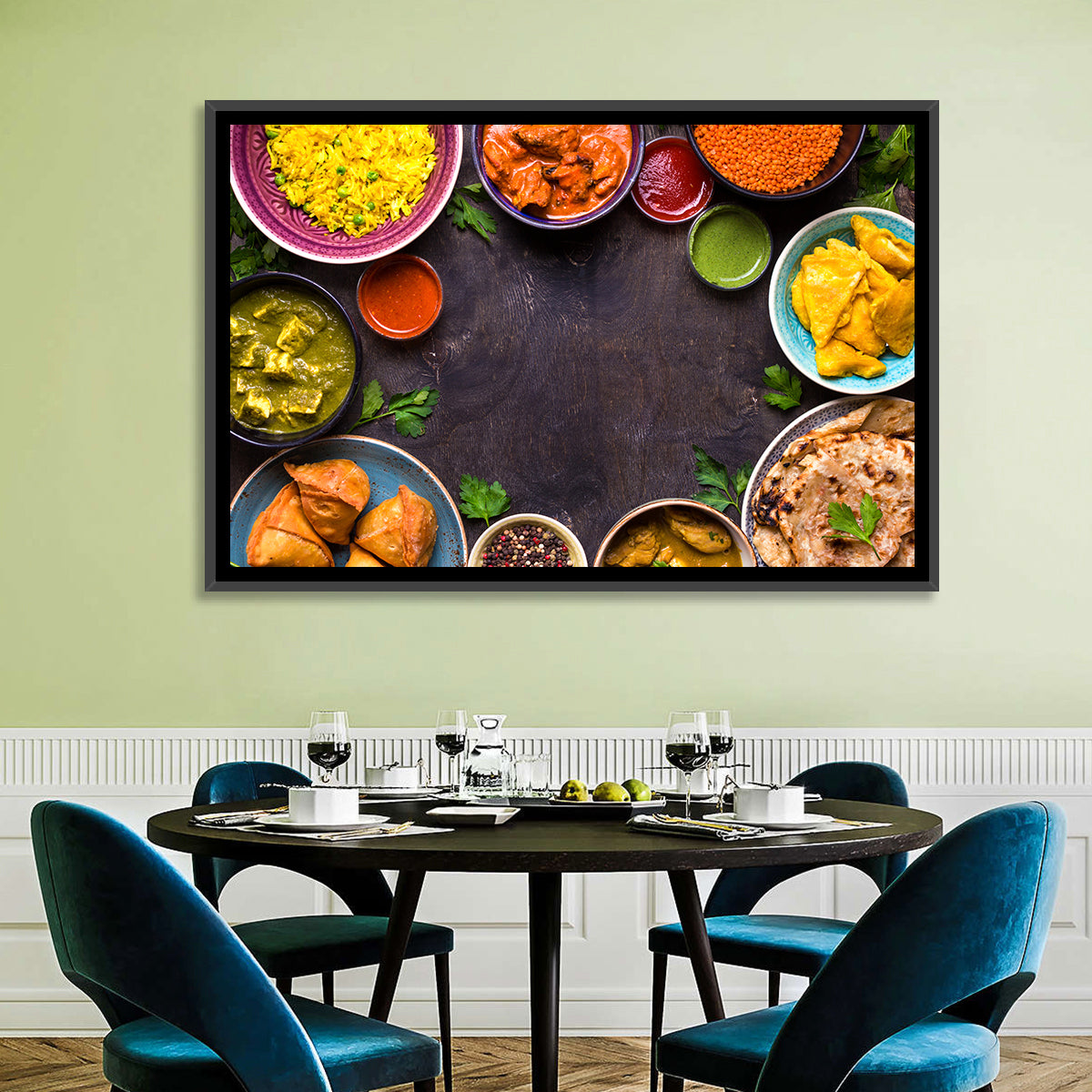 Indian Feast Flat-lay Wall Art in a room, landscape