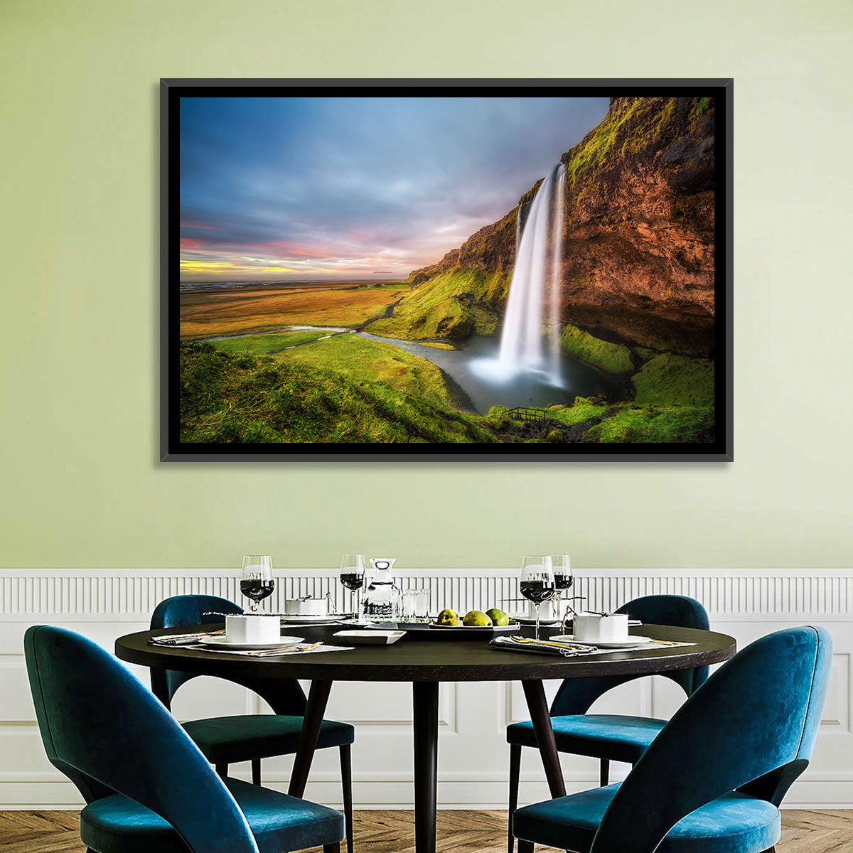 Seljalandsfoss Waterfall Wall Art in a room, landscape