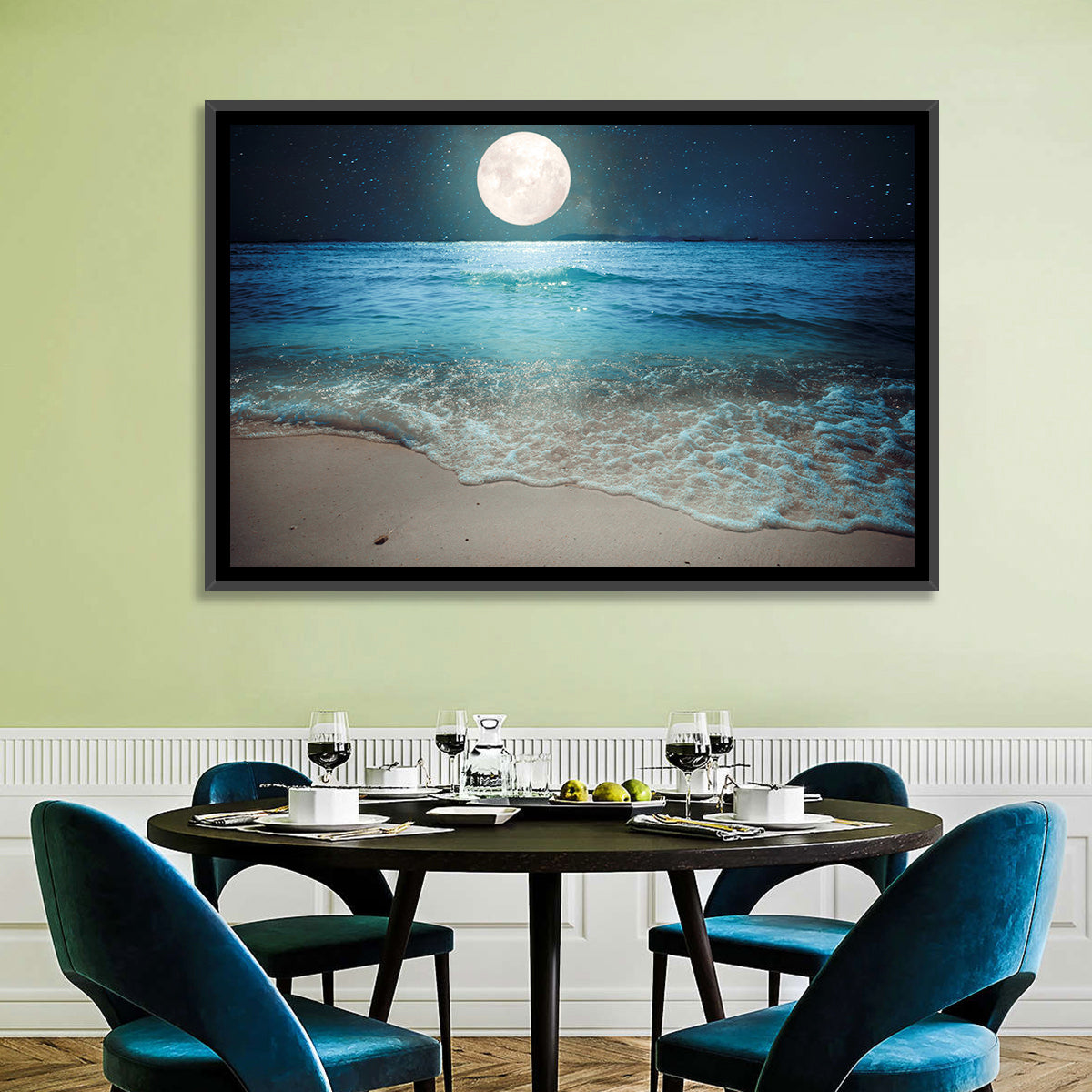 Full Moon Over Beach Wall Art in a room, landscape