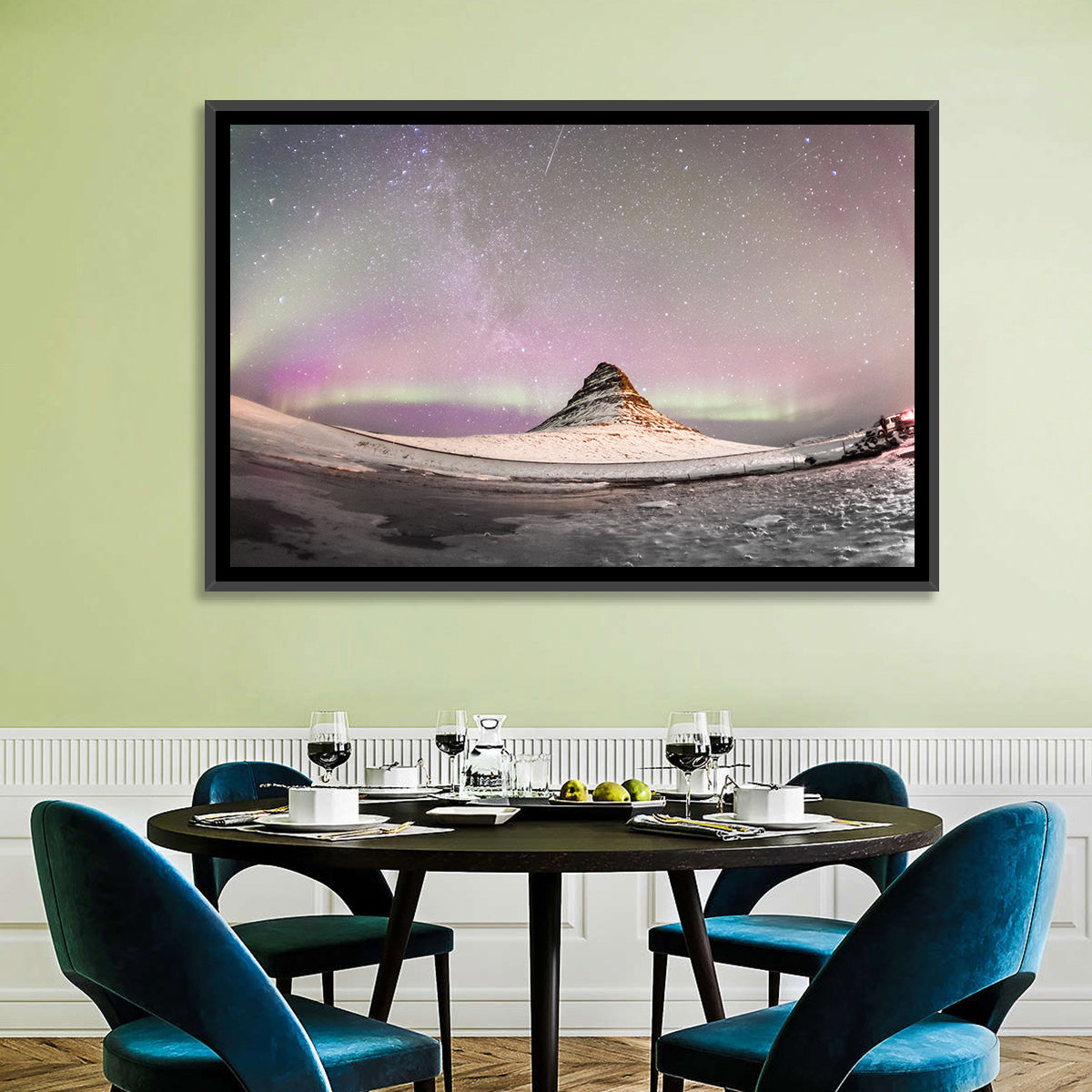 Aurora Over Kirkjufell Wall Art in a room, landscape