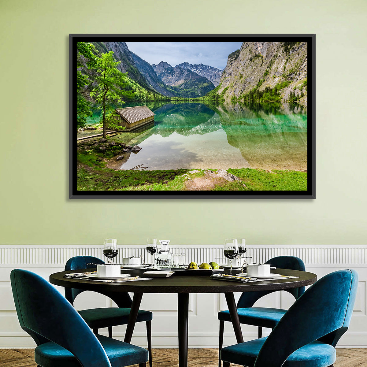 Obersee Boathouse Reflection Wall Art in a room, landscape