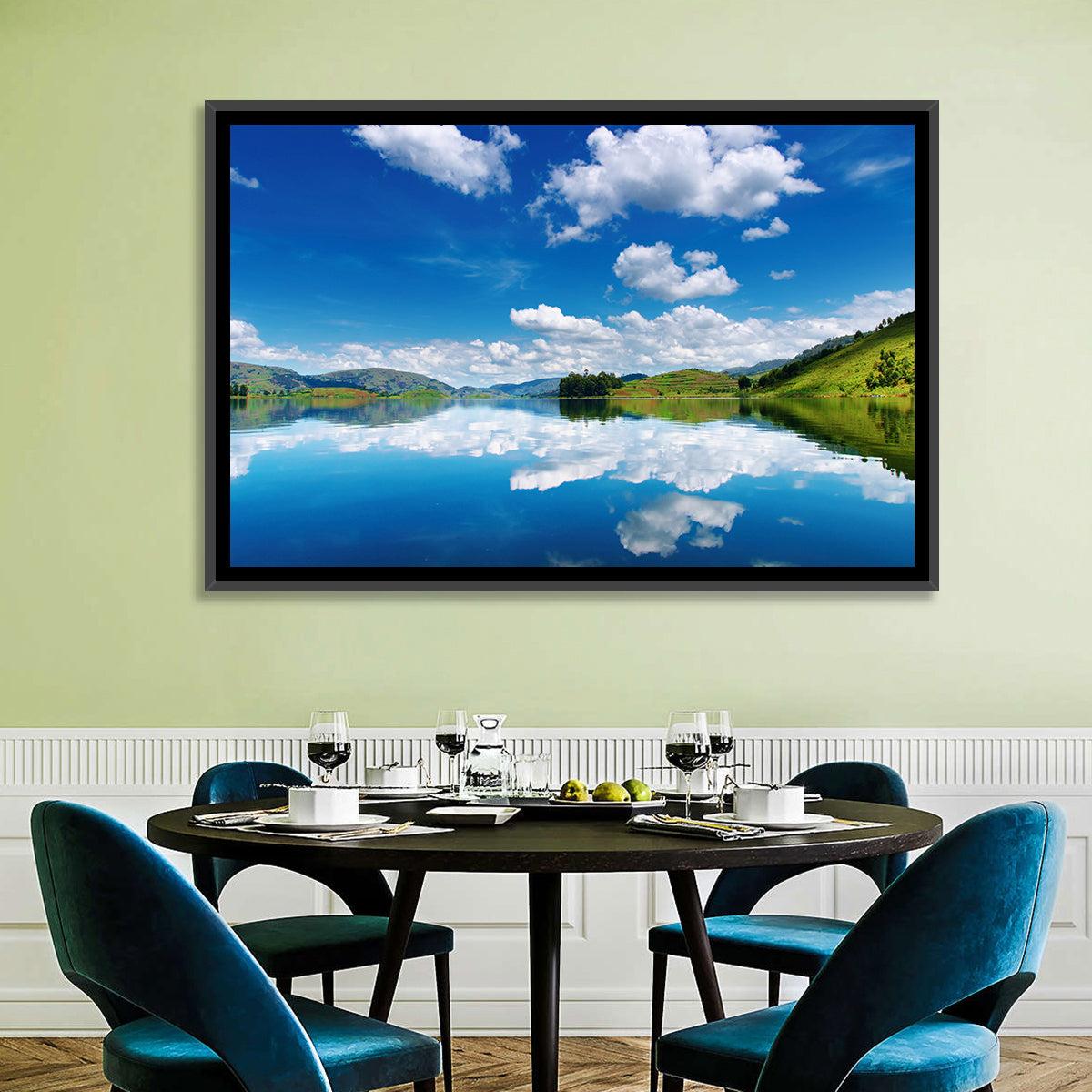 Bunyonyi Lake Reflection Wall Art in a room, landscape