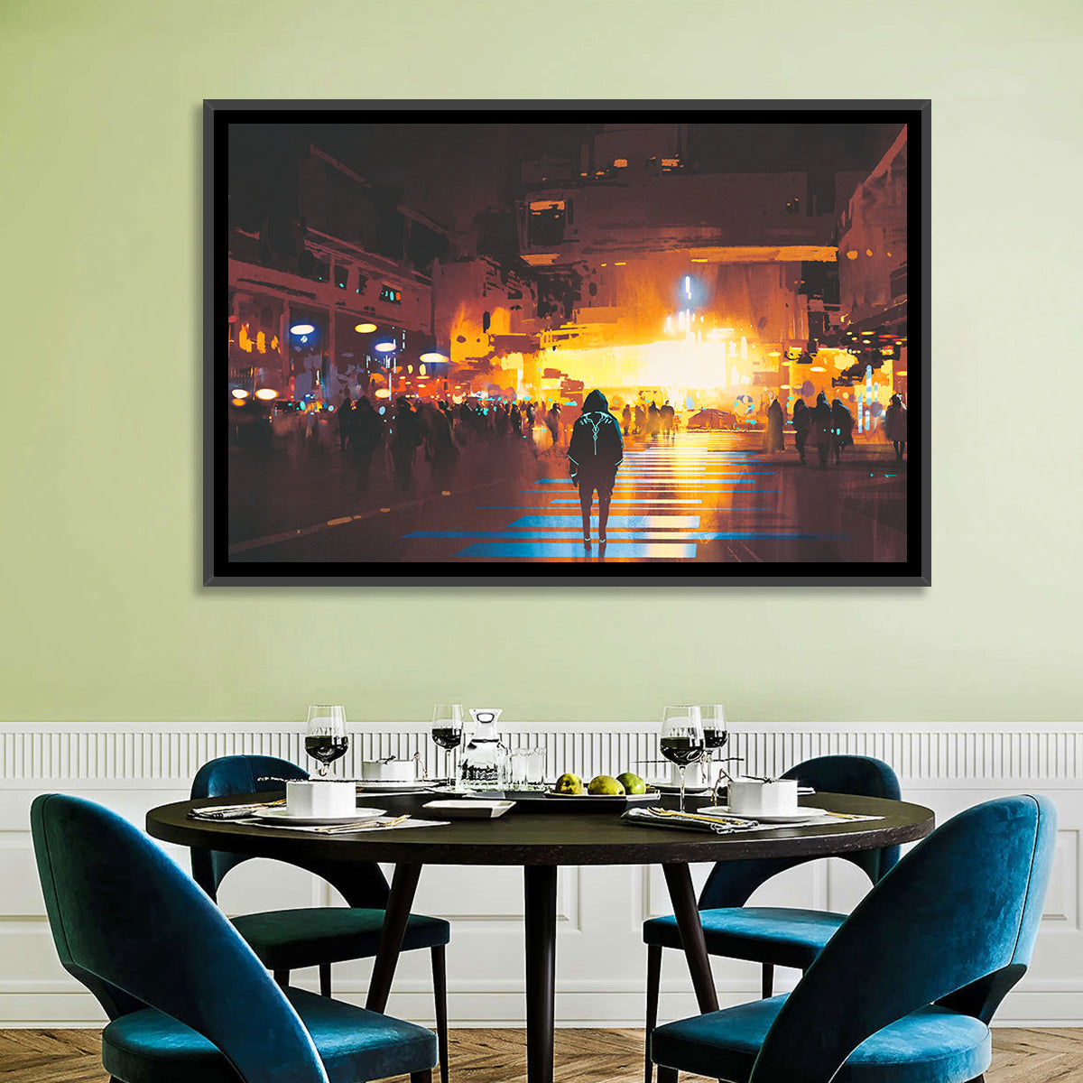 Futuristic Neon Cityscape Wall Art in a room, landscape