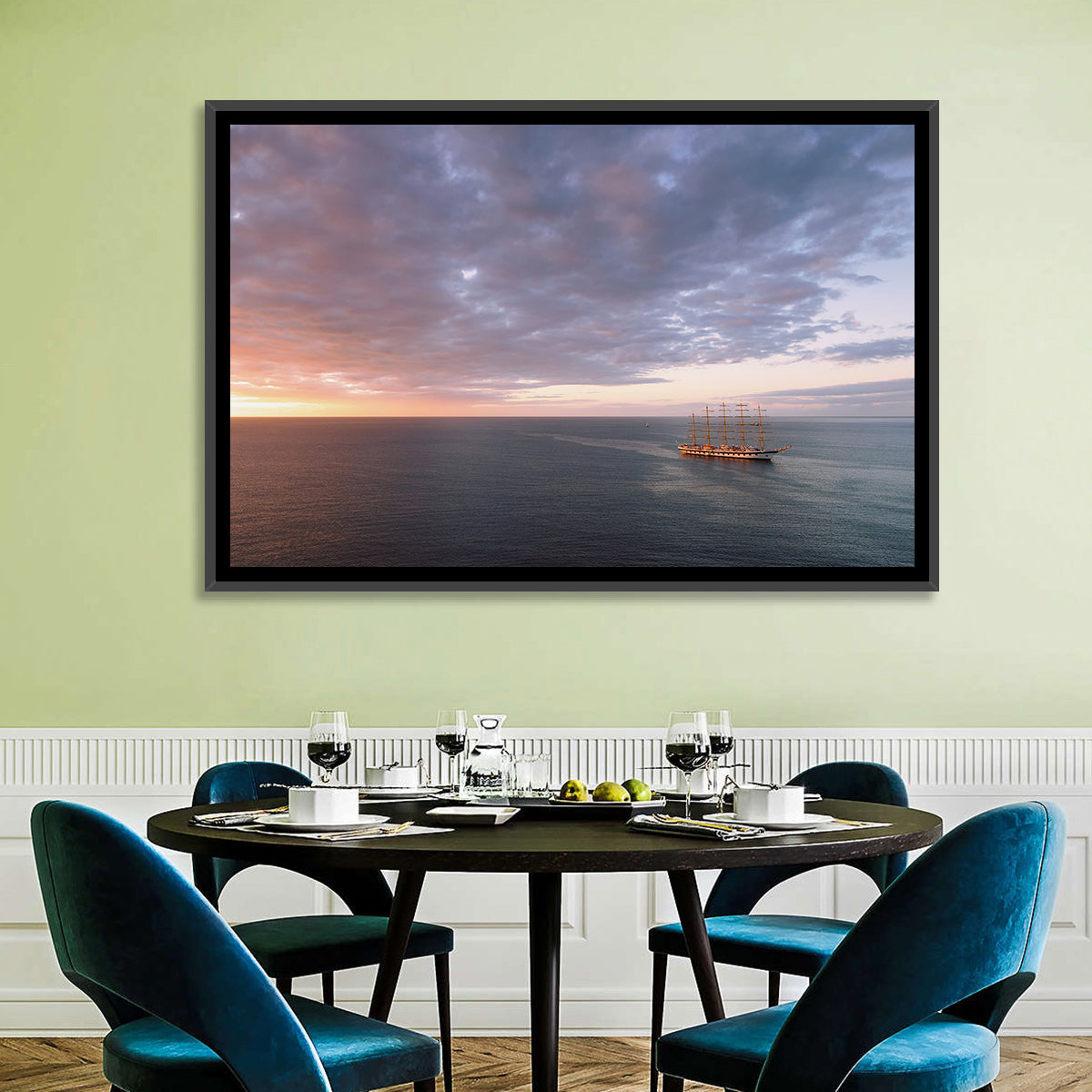 Sunlit Tall Ship at Sea Wall Art in a room, landscape
