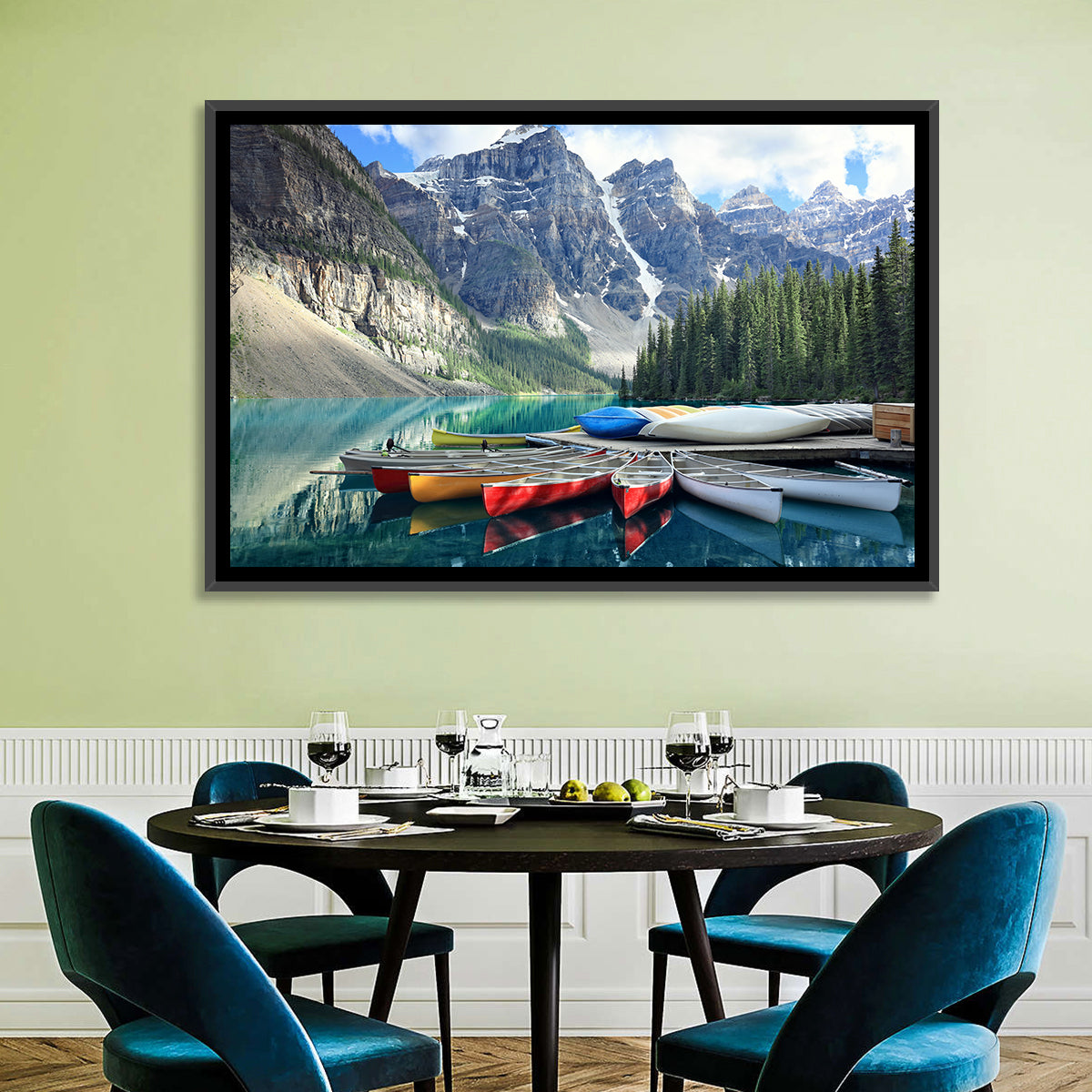 Moraine Lake Canoes at Lake Louise Wall Art in a room, landscape