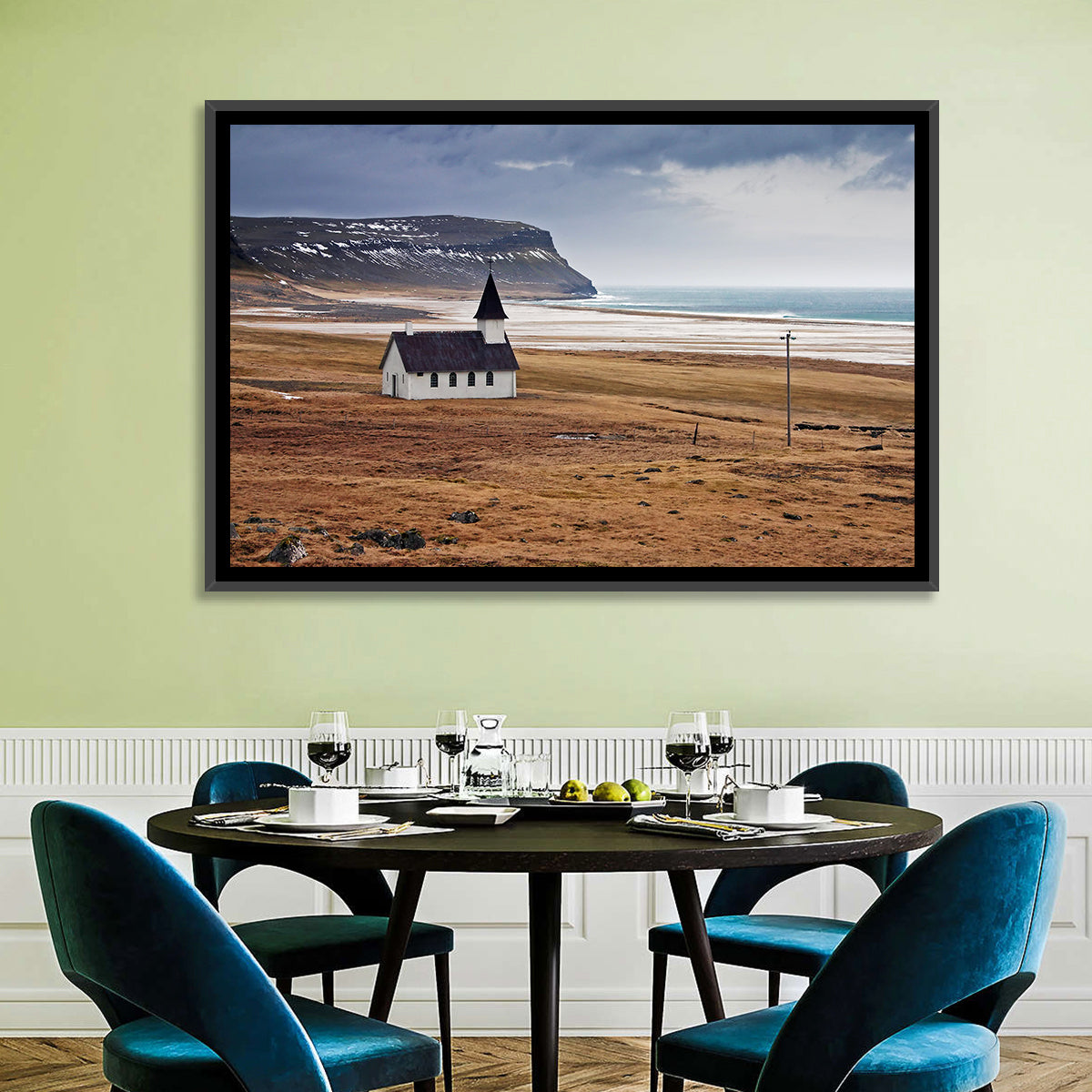 Icelandic Church with Dark Steeple Wall Art in a room, landscape