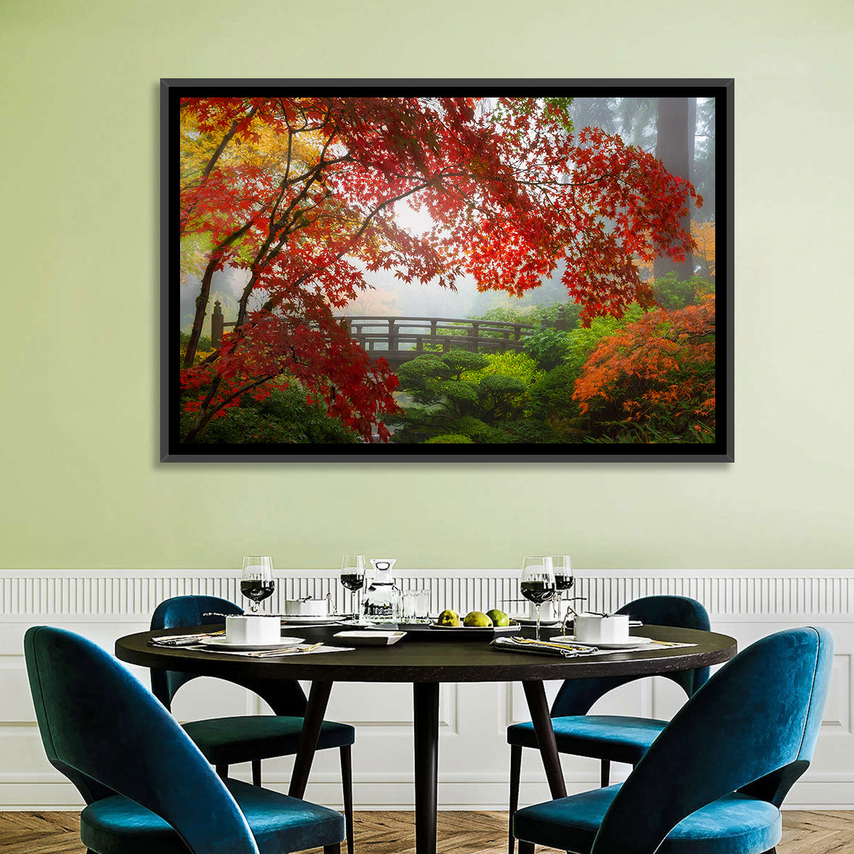 Portland Moon Bridge in Autumn Mist Wall Art in a room, landscape