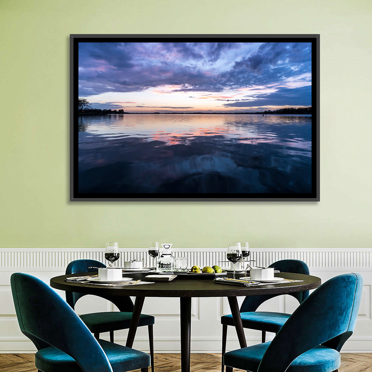 Lake Norman Sunset Reflection Wall Art in a room, landscape