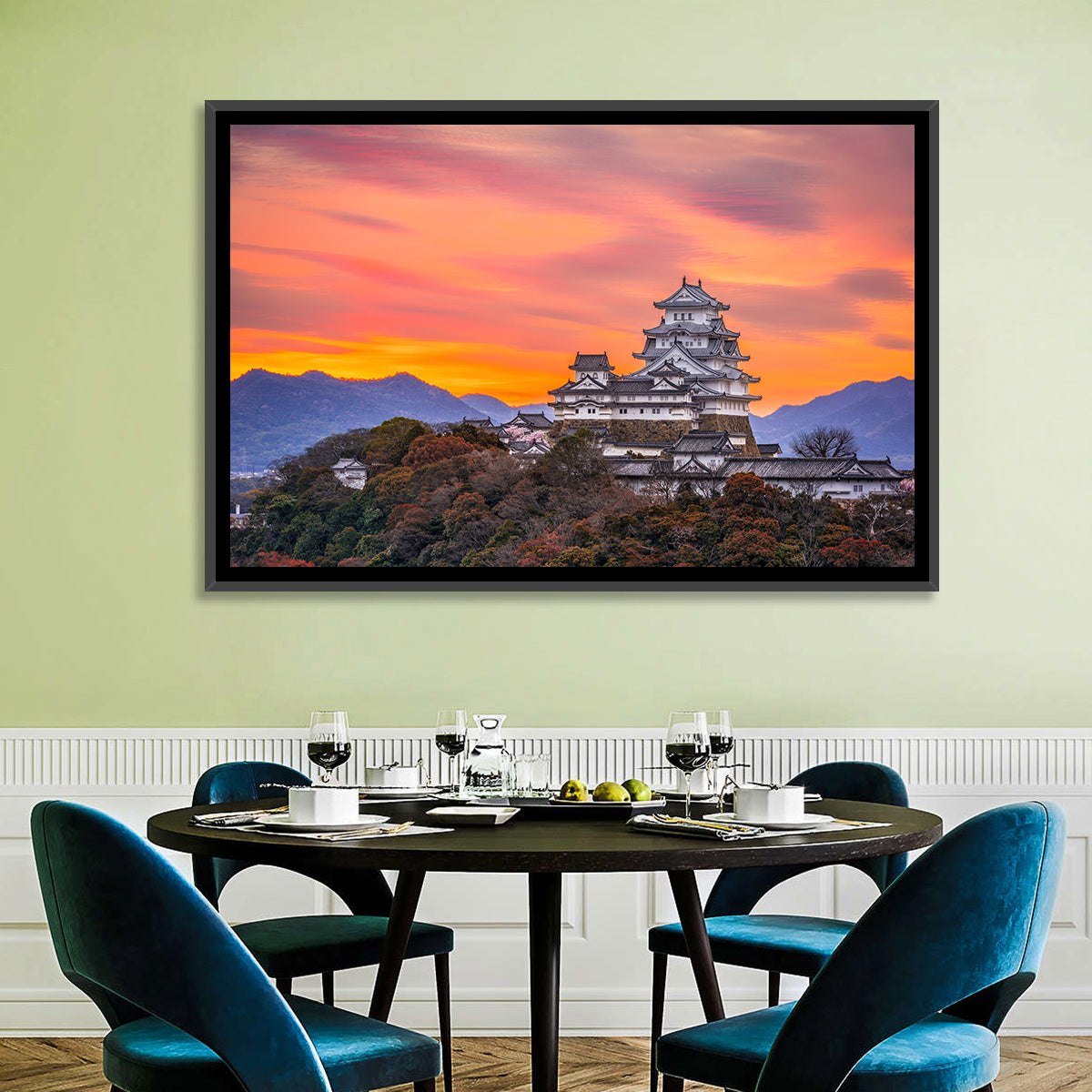 Himeji Castle at Sunrise Wall Art in a room, landscape