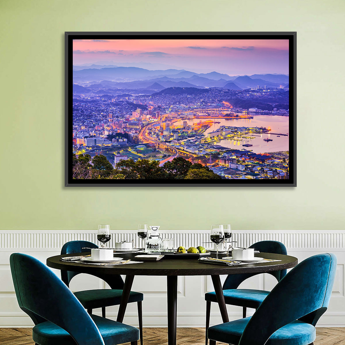 Sasebo Downtown Twilight Harbor Wall Art in a room, landscape