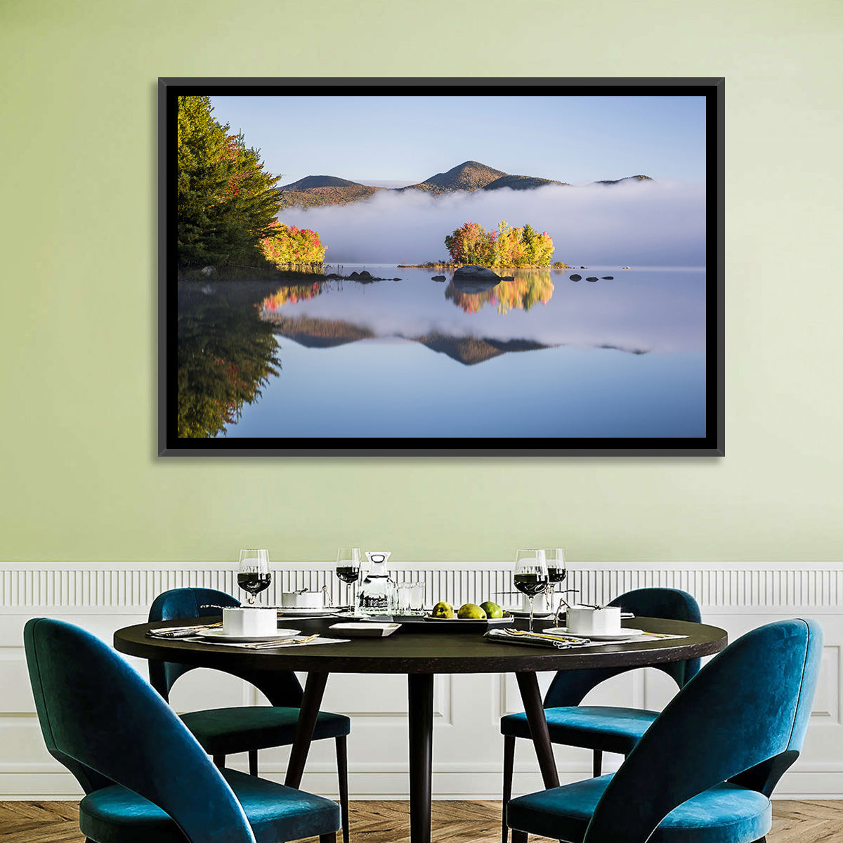 Autumn Morning at Chittenden Lake, Vermont Wall Art in a room, landscape