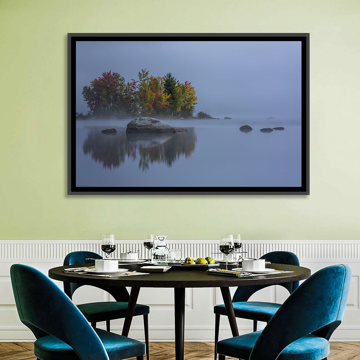 Morning Mist Over Chittenden Lake Wall Art in a room, landscape