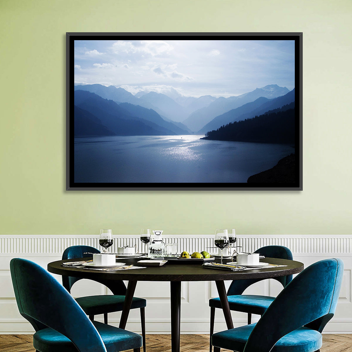 Xinjiang Lakeshore Serenity Wall Art in a room, landscape