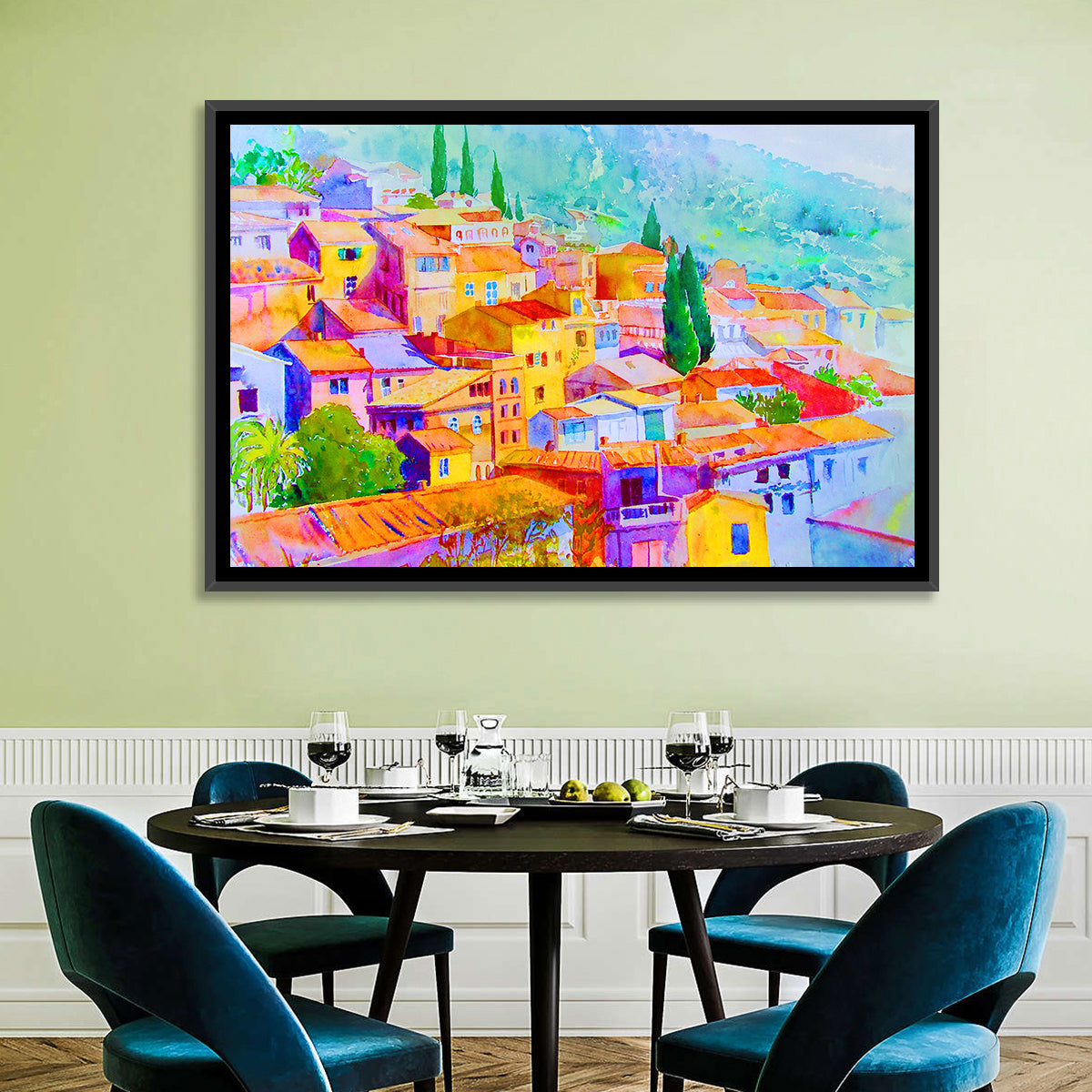 Mediterranean Hillside Watercolor Village Wall Art