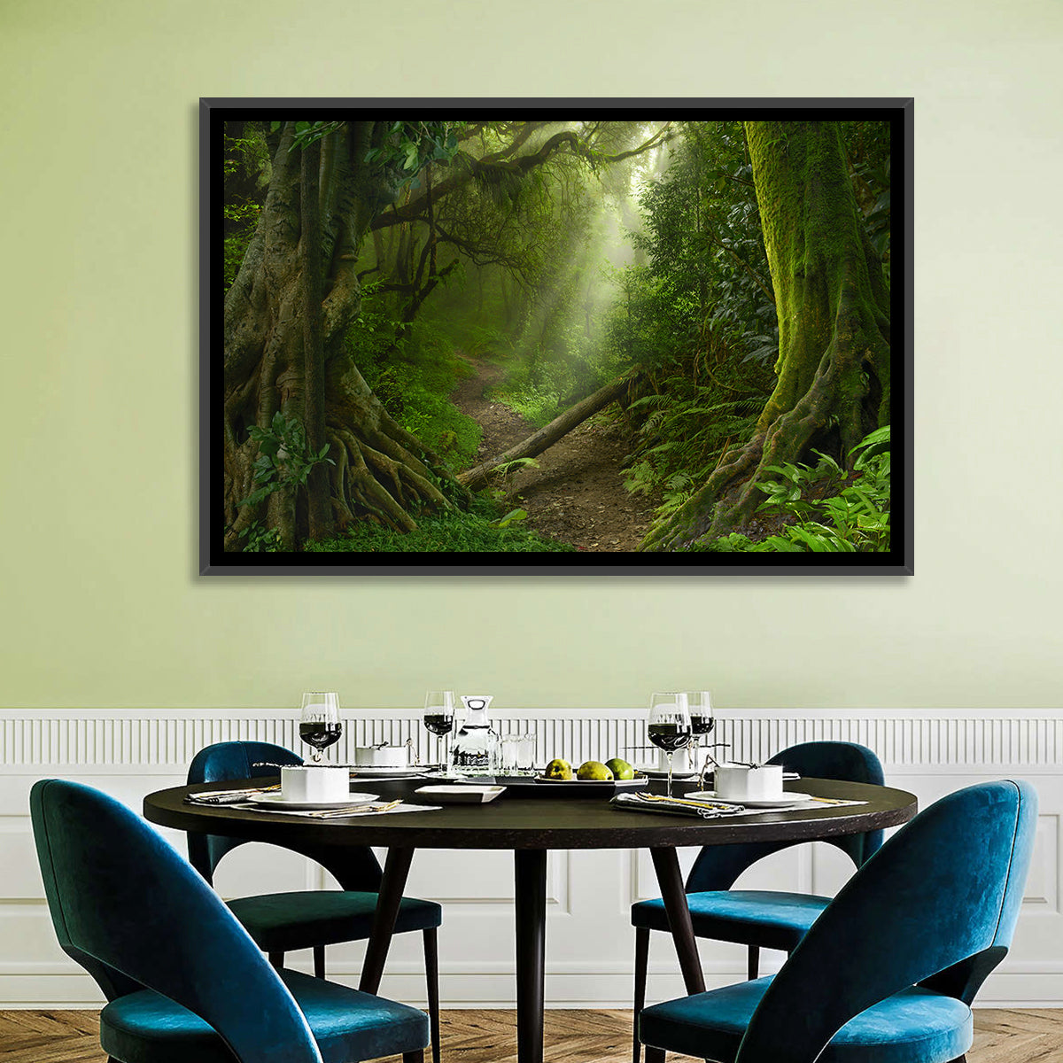 Moss-covered Rainforest Path Wall Art in a room, landscape