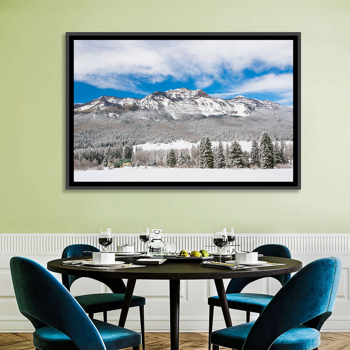 Colorado Snowy Mountain Cabin Wall Art in a room, landscape