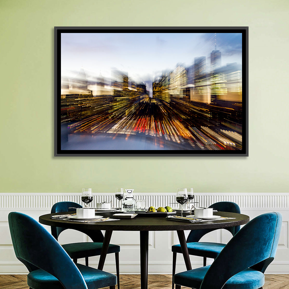 Zoom Burst Skyline Abstract Wall Art in a room, landscape
