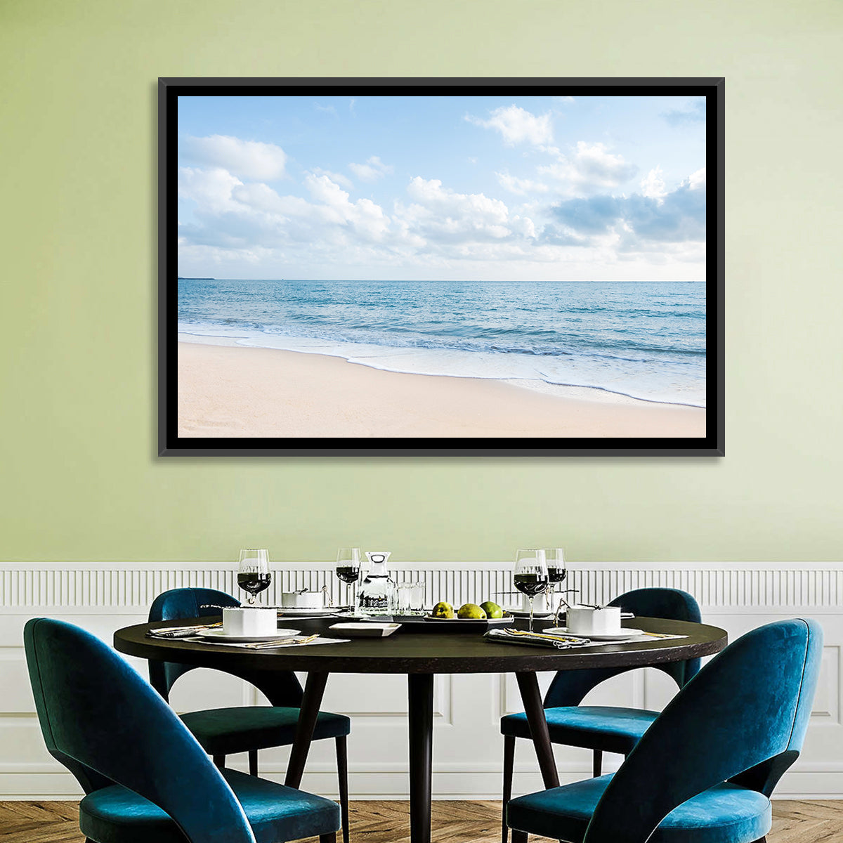 Minimalist Sandy Beach and Gentle Waves Wall Art in a room, landscape