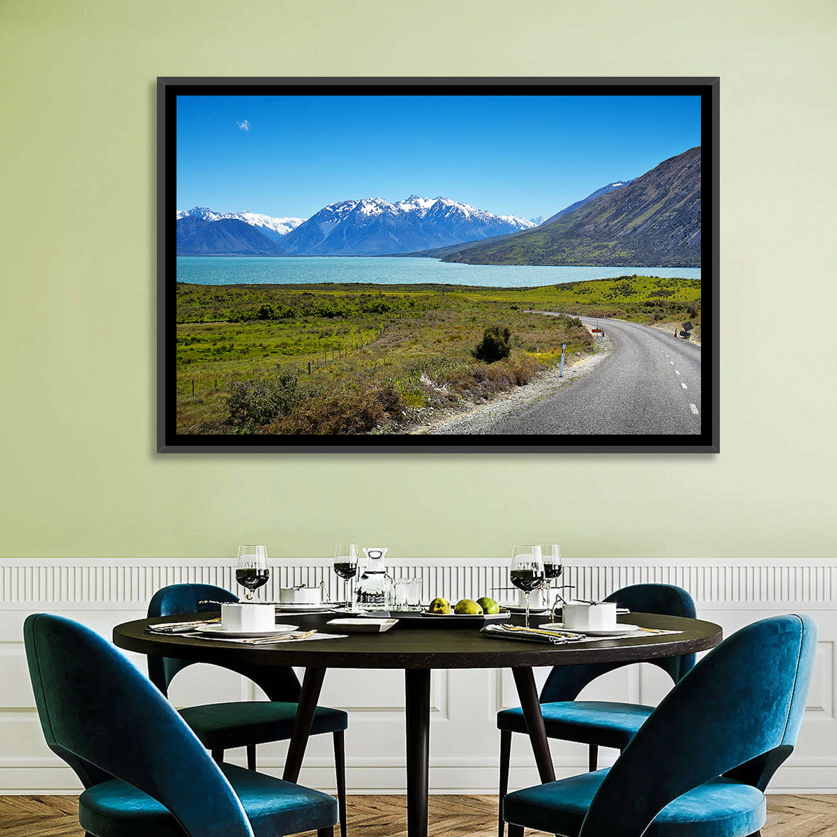 Winding Road at Lake Ohau Wall Art in a room, landscape